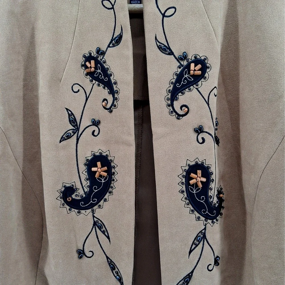 Studio I Womens 14W Faux Suede Open Front Jacket‎ Embroidered Western Boho Fall